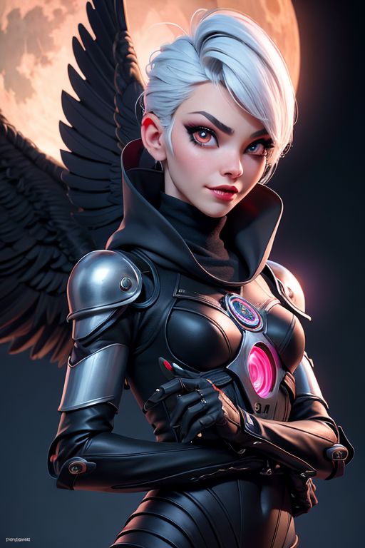 Cyber girl bionic vampire, formidable, white short punk hairstyle, almond-shaped eyes of the moon, scarlet arrows, shimmering skin, good smiles, black fluffy wings, smoke gray, burqa, wire with veil, pieces of carbon with platinum, art botanical, , aesthetically pleasing, beautiful, realistic, professional photo, 30mm lens, 1/250s, 4k, high resolution, hyperrealism, art-fantasy, animal art, art nouveau