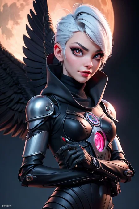 Cyber girl bionic vampire, formidable, white short punk hairstyle, almond-shaped eyes of the moon, scarlet arrows, shimmering skin, good smiles, black fluffy wings, smoke gray, burqa, wire with veil, pieces of carbon with platinum, art botanical, , aesthetically pleasing, beautiful, realistic, professional photo, 30mm lens, 1/250s, 4k, high resolution, hyperrealism, art-fantasy, animal art, art nouveau