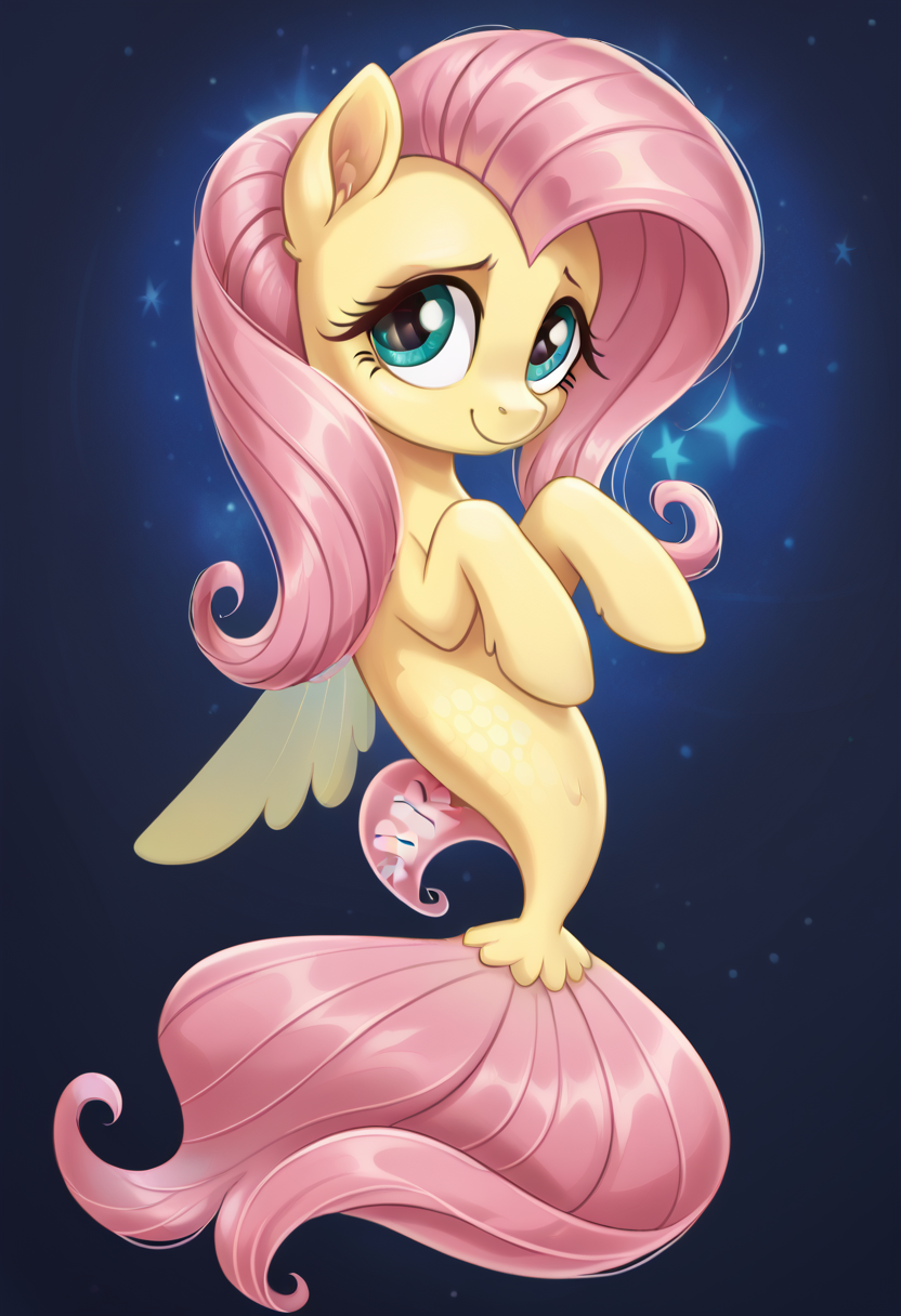 score_9, score_8_up, score_7_up, score_6_up, score_5_up, score_4_up, my little pony, ((feral pony)),   1girl, ((solo)), (sexy),beautifully detailed, (detailed cute pony face), ((detailed blue starry background:1.5)), ((woman)), high angle, (cute smile:1.0), ((up-close))  1girl, ((solo)), (sexy), full body,    <lora:seapony_fluttershy:1>seapony,fluttershy
<lora:OtherStyle_01:1> <lora:Wholesome_MLP-v1.0:1>