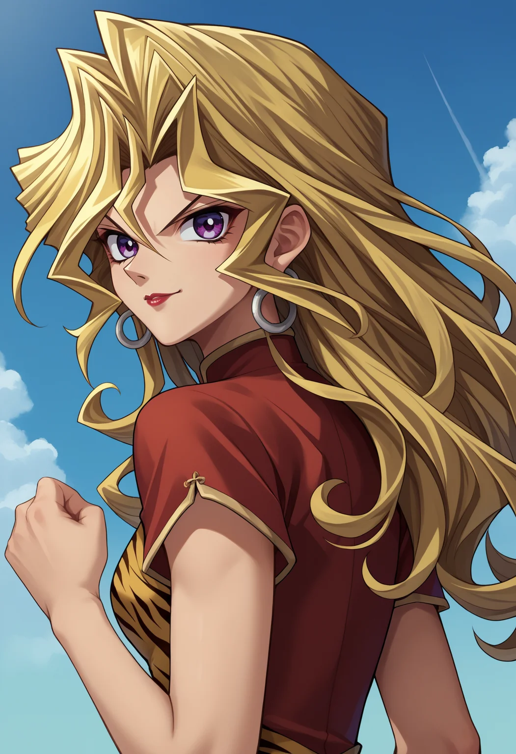 score_9, score_8_up,score_7_up, source_anime, rating_safe, 1girl, solo, <lora:EPygKujakuMai:1>, EPygKujakuMai, purple eyes, blonde hair, long hair, wavy hair, hair between eyes, hair intakes, hoop earrings, red lips, china dress, tiger print, from side, blue sky, smile, looking at viewer, fighting stance, from below, serious,