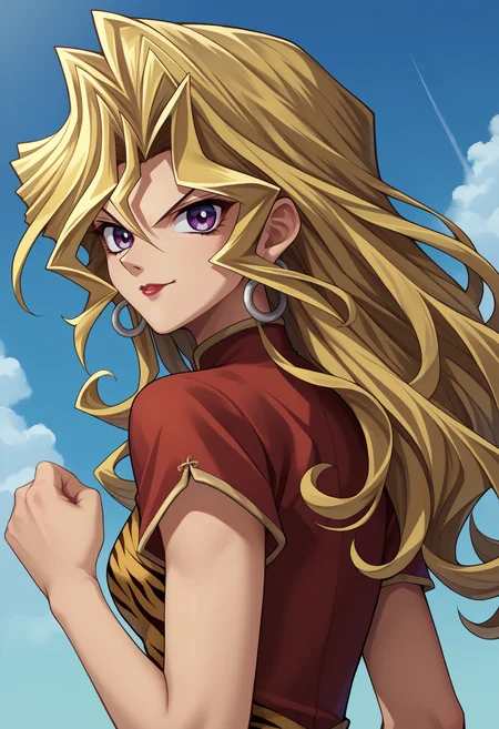 score_9, score_8_up,score_7_up, source_anime, rating_safe, 1girl, solo, <lora:EPygKujakuMai:1>, EPygKujakuMai, purple eyes, blonde hair, long hair, wavy hair, hair between eyes, hair intakes, hoop earrings, red lips, china dress, tiger print, from side, blue sky, smile, looking at viewer, fighting stance, from below, serious,