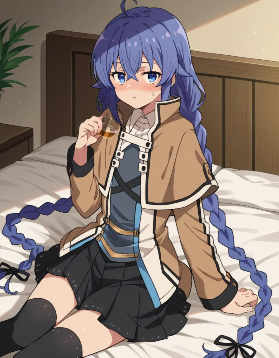 score_9, score_8_up, score_7_up, source_anime,
roxymigurdia, <lora:roxy-migurdia-s1-ponyxl-lora-nochekaiser:1>,
roxy migurdia, ahoge, black ribbon, blue eyes, blue hair, braid, hair between eyes, hair ribbon, long hair, twin braids, very long hair,
black legwear, black skirt, capelet, jacket, brown jacket, long sleeves, miniskirt, open clothes, open jacket, pleated skirt, skirt, white capelet, white footwear, white jacket,
indoors, bed, bed room, on side, blush, drunk,
looking at viewer, dutch angle, cowboy shot,