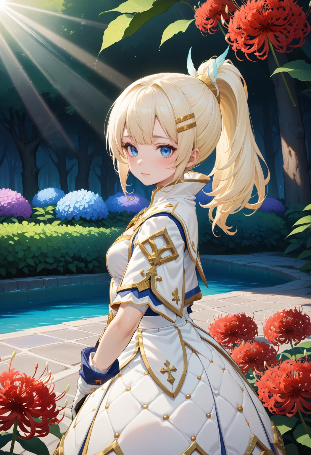 masterpiece, best quality, very aesthetic, absurdres, rom_saint_xl,
1girl, blonde hair, ponytail, hair ornament, blue eyes,
from side, looking at viewer, fixing hair, miniskirt, mystical forest, water, spider lily, hydrangea, falling petals, light rays, tyndall effect, vivid colors, tranquil and magical atmosphere,
shiny skin, beautiful face, beautiful eyes, extreme detailed, official art, professional illustration, hires,
<lora:rom_saint_pony_xl:1>, <lora:aesthetic_anime_v1s:0.5>, <lora:add_details_xl:0.5>