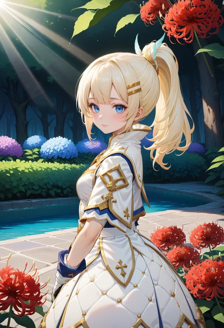 masterpiece, best quality, very aesthetic, absurdres, rom_saint_xl,
1girl, blonde hair, ponytail, hair ornament, blue eyes, 
from side, looking at viewer, fixing hair, miniskirt, mystical forest, water, spider lily, hydrangea, falling petals, light rays, tyndall effect, vivid colors, tranquil and magical atmosphere,
shiny skin, beautiful face, beautiful eyes, extreme detailed, official art, professional illustration, hires,
<lora:rom_saint_pony_xl:1>, <lora:aesthetic_anime_v1s:0.5>, <lora:add_details_xl:0.5>