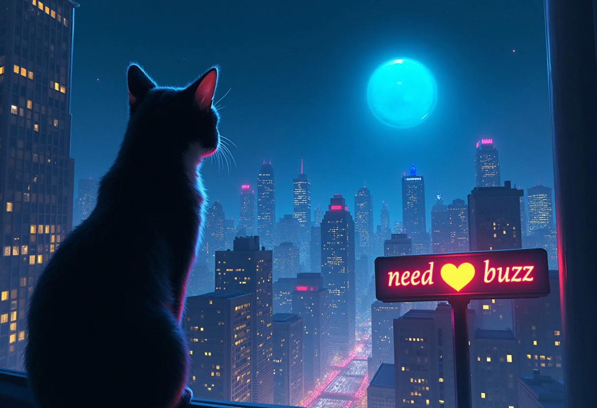 High quality, high resolution, high definition,
A magical city with faint neon lights on the skyscrapers, a planet emitting blue light, with the view from behind a cat looking down at the city with a large sign that says "need buzz" with a yellow heart, citybkg, anime style, high ilumination, galaxy sky, calid colours
