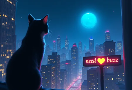 High quality, high resolution, high definition,
A magical city with faint neon lights on the skyscrapers, a planet emitting blue light, with the view from behind a cat looking down at the city with a large sign that says "need buzz" with a yellow heart, citybkg, anime style, high ilumination, galaxy sky, calid colours