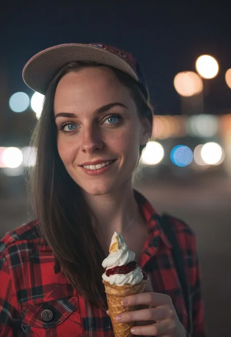 A 30yo woman eating a cone icecream. blue eyes. perfecteyes
Wearing Jeans and Plaid red shirt with a hat/cap red.
Long dark black slick back hair. No makeup.
Night time, Street light.
Looking at camera POV. Slight smile.
Medium Close Up shot.
Bokeh. Bokeh light.
Blurred background.
