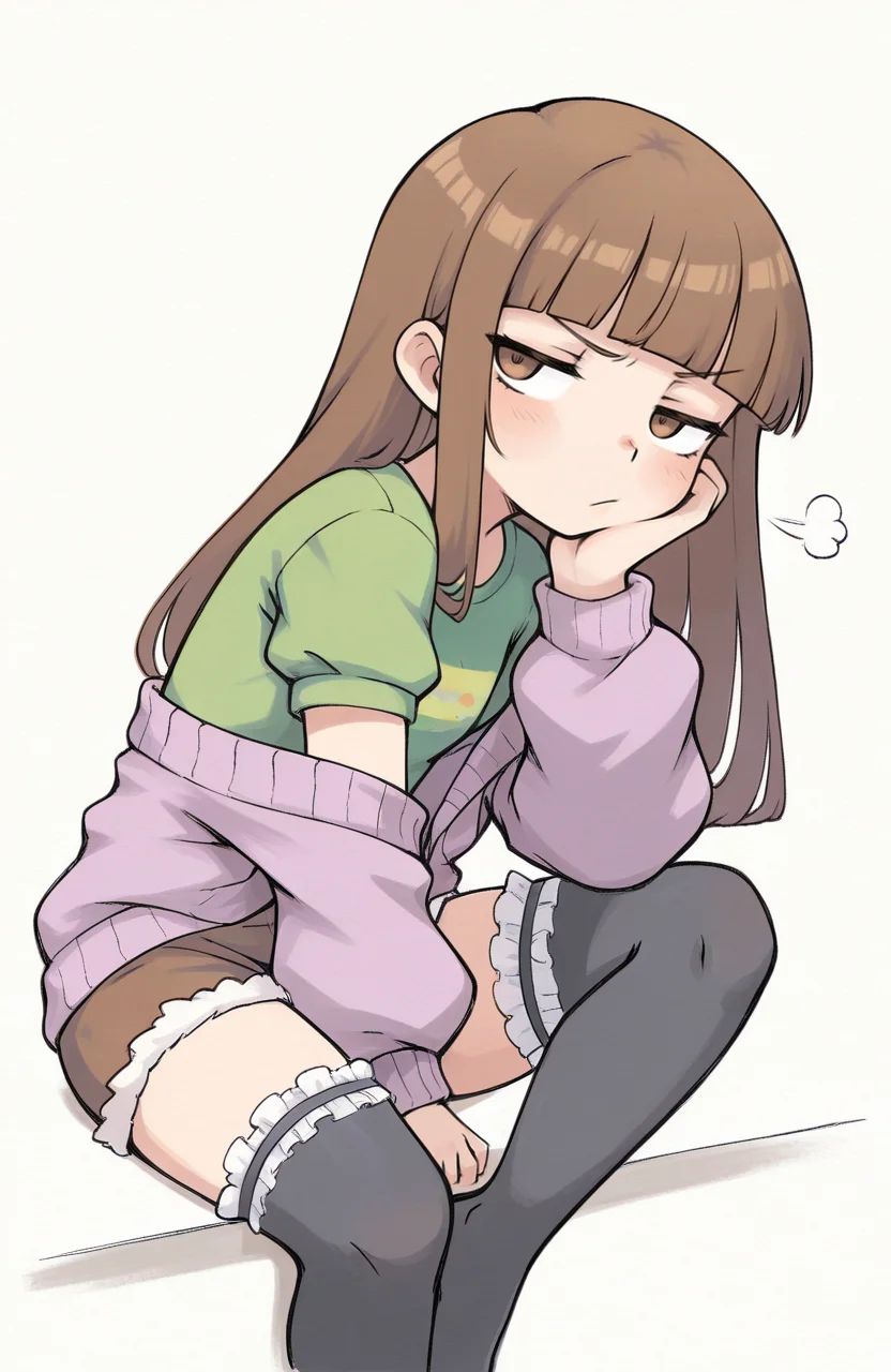 1girl, solo, <lora:qtkat:0.9> qtkat, traditional media, watercolor \(medium\), 
<lora:BekBry:0.6> bekbry, brown eyes, brown hair, long hair, blunt bangs, petite, purple open sweater, fur-trimmed sweater, short puffy sleeves, green t-shirt, short puffy sleeves, brown cutoffs shorts, black frilled thighhighs, no shoes, sitting, head resting on hand, bored sigh, half-smile, annoyed attitude, extremely detailed, highres, masterpiece, best quality