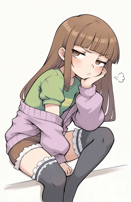 1girl, solo, <lora:qtkat:0.9> qtkat, traditional media, watercolor \(medium\),
<lora:BekBry:0.6> bekbry, brown eyes, brown hair, long hair, blunt bangs, petite, purple open sweater, fur-trimmed sweater, short puffy sleeves, green t-shirt, short puffy sleeves, brown cutoffs shorts, black frilled thighhighs, no shoes, sitting, head resting on hand, bored sigh, half-smile, annoyed attitude, extremely detailed, highres, masterpiece, best quality