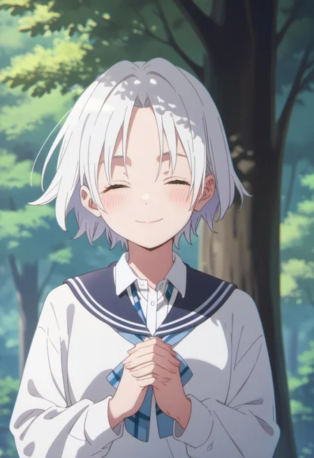 score_9, score_8_up, score_7_up, source_anime, tsuruyama shirahi, short hair, white hair, blue eyes, 1girl, solo, closed eyes, blush, tree, outdoors, shirt, white shirt,  smile, school uniform, closed mouth, own hands together