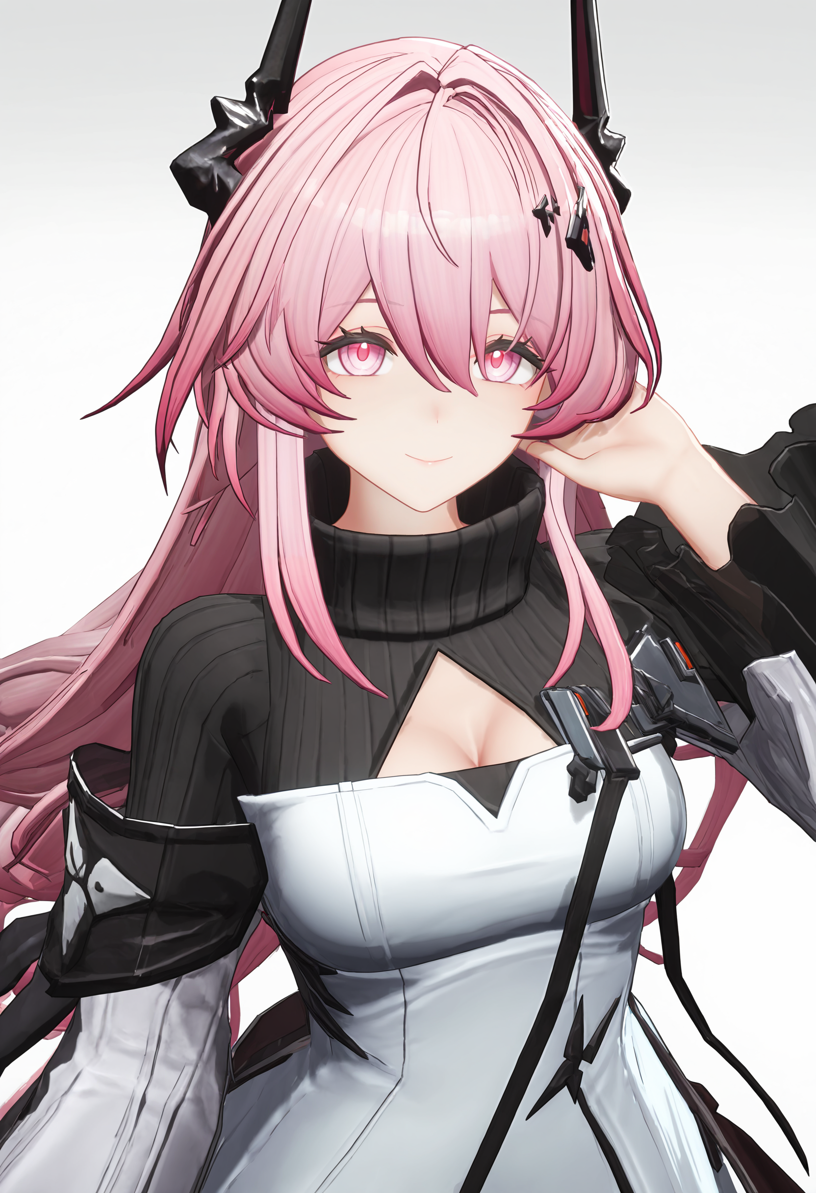 theresa (arknights),1girl,black dress,black horns,breasts,cleavage,cleavage cutout,closed mouth,clothing cutout,dress,hair between eyes,horns,large breasts,long hair,pink eyes,pink hair,simple background,sketch,smile,solo,turtleneck,turtleneck dress,white background,white dress,endfieldstyle,3D,<lora:endfieldstyleV2-000008:0.85>,