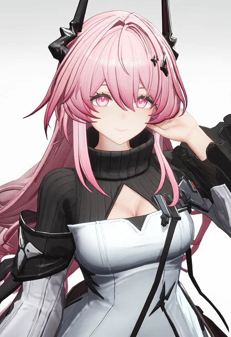 theresa (arknights),1girl,black dress,black horns,breasts,cleavage,cleavage cutout,closed mouth,clothing cutout,dress,hair between eyes,horns,large breasts,long hair,pink eyes,pink hair,simple background,sketch,smile,solo,turtleneck,turtleneck dress,white background,white dress,endfieldstyle,3D,<lora:endfieldstyleV2-000008:0.85>,