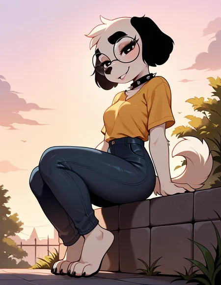 masterpiece, best quality, very aesthetic, absurdres,
outdoors,
full body, seductive smile, parted lips, long eyelashes,
 <lora:Molly_v01_NAIXL:1>
Molly,1girl,solo,furry,furry female,dog girl,dof ears,short hair,black eyes,thick eyebrows,round eyewear,snout,animal nose,spiked collar,body fur,white fur,dog tail,