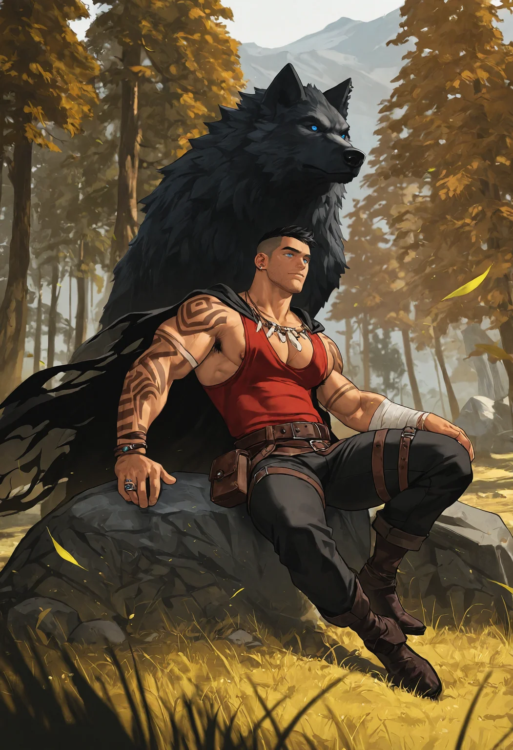 1boy, male focus, muscular, large pectorals, puffy nipples, black hair, blue eyes, mature male, stubble, short hair, undercut, red tank top, pectoral cleavage, armpit hair peek, nipple slip, obliques, black cape, torn cape, tribal necklace, ring, tribal arm tattoo, bracelet, black pants, shoes, sitting, giant wolf, black wolf, bandages, ear piercing, thigh strap, belt pouch,
BREAK
outdoors, nature, mountain, tree, rock, grass, wind, falling grass leaf,
BREAK
cinematic, dynamic pose, dynamic angle, natural lighting, film grain, subsurface scattering, depth of field, wide shot, fantasy, medieval, warm color tones, very awa, masterpiece, best quality, absurdres, newest, perfect quality, detailed background, intricate details, (duto:0.8), (phaustok:0.8), (dan mora:0.5)