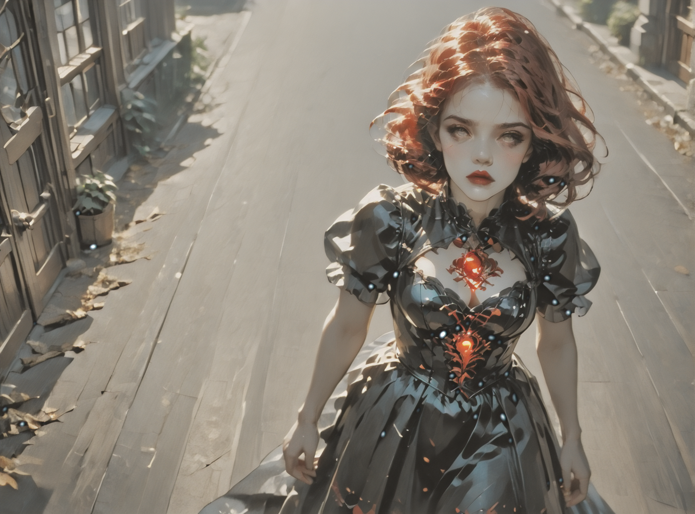 score_9, score_8_up, score_7_up, Fighting scene, shot from above, looking up against all odds, woman, pale skin, large breasts, <lora:sm0k3XLP:1>, <lora:goth_clothes:1>, vampire dress, black details, red lining, Shoulder length hair, unnatural haircolor, <lora:_sdxl-gaming-pony:1>, <lora:lora:1> Fantasy Art Deco,