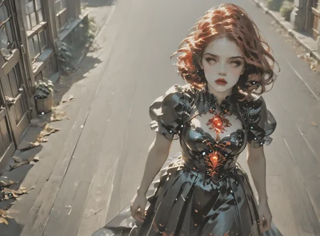 score_9, score_8_up, score_7_up, Fighting scene, shot from above, looking up against all odds, woman, pale skin, large breasts, <lora:sm0k3XLP:1>, <lora:goth_clothes:1>, vampire dress, black details, red lining, Shoulder length hair, unnatural haircolor, <lora:_sdxl-gaming-pony:1>, <lora:lora:1> Fantasy Art Deco,