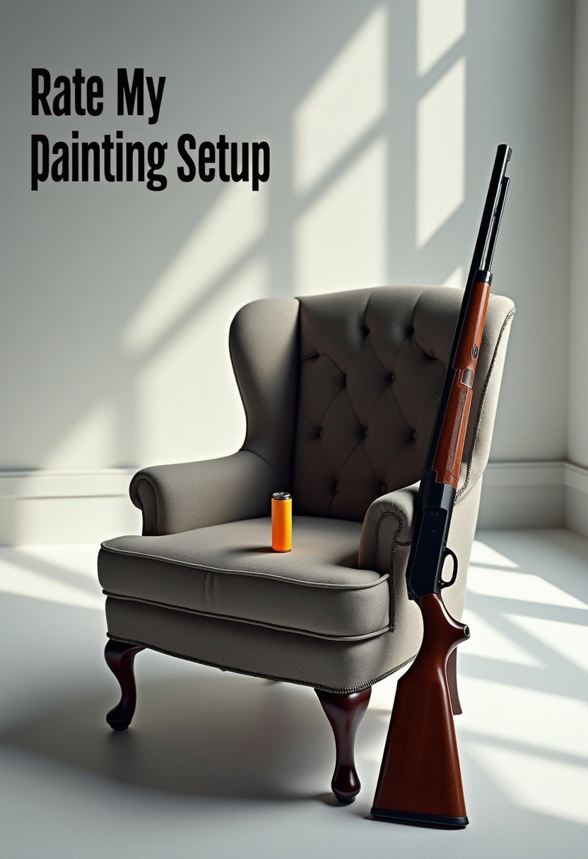 one shotgun shell on a chair, a shotgun leaning to the chair, in a white room, dramatic, cinematic lights, highly detailed, 
title with text:"rate my painting setup", bold black text on the top