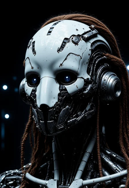 A haunting, dark portrait of a woman, her face a fusion of organic and mechanical elements in the style of H.R. Giger. The close-up shot reveals a biomechanical mask that has grown into her skin, a grotesque yet beautiful merging of flesh and metal. The mask appears almost alive, made from a nightmarish blend of organic tissues and cold, industrial materials — wires and cables intertwining with veins and sinew, wrapping around her jaw and temples. Metallic plates, some rusted and others gleaming, seamlessly meld into her pale, ghostly skin, creating a disturbing yet fascinating symmetry.
Her brown hair, tightly bound into a knot, contrasts with the twisted metal and organic tendrils extending from the mask, some of them snaking down the back of her neck. The dark, shadowy environment barely illuminates her face, with faint neon and cybernetic lights casting eerie reflections across her biomechanical features. Her eyes, filled with cold intensity, peer out from behind the mask, showing the last traces of her humanity within the cold, biomechanical form.
The fusion of flesh and machine, organic and metallic, creates an unsettling, dystopian beauty, where the boundaries between life and technology blur. The intricate detailing of the mask, with its alien, otherworldly design, captures the dark essence of Giger's biomechanical art, as the woman’s face stands frozen in a moment of both suffering and strength.