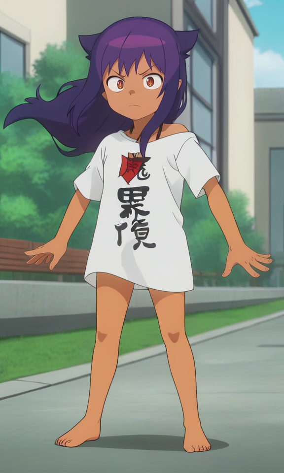 masterpiece,best quality,detailed hands,detailed body,detailed face,detailed face,
anime screencap,
 <lora:Jahy_16XL:0.8> 1girl,solo, long hair, 
jahy_young,
dark skin,  dark-skinned female, purple hair, 
t-shirt,barefoot