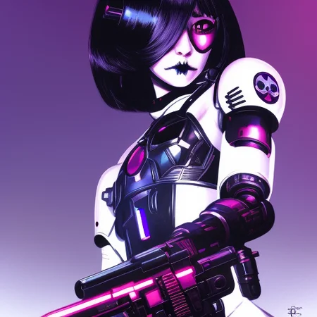Cute girl, Threatening cyborg, cyber, punk, skull, Warhammer 40k, kuvshinov
