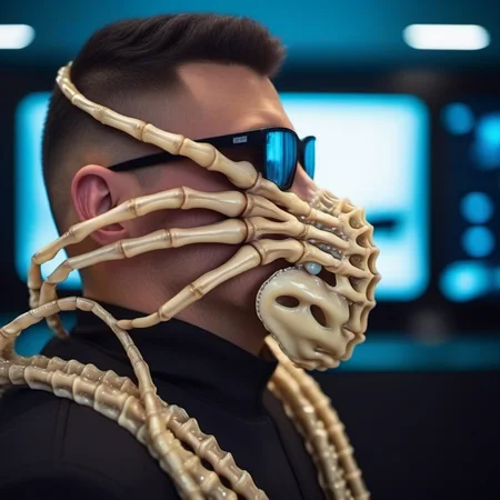 cinematic photo a squid skeleton on a man face in space suit, space <lora:Facehugger1024:0.8> . 35mm photograph, film, bokeh, professional, 4k, highly detailed