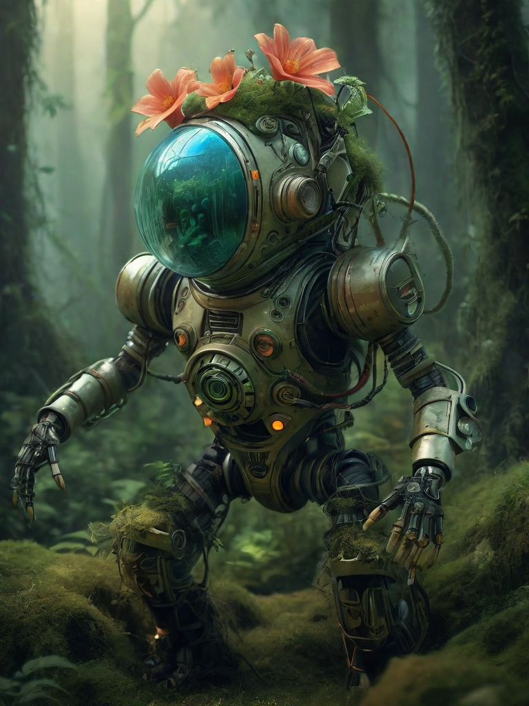 illustration-style picture of a biomechanical entity. The entity is a fusion of technology and nature, with a helmet that resembles a diving suit, its surface covered in verdant moss, handing a flower to viewer, twisting vines, and bright, exotic flowers. Its arms are heavy and robotic, adorned with peaceful symbols and patterns. The backdrop is an enchanted swamp, filled with a mystical fog, gnarly trees, and a spectrum of swamp flora. Fireflies dot the air with their luminescent glow. The illustration should have a whimsical and fantastical feel, with vibrant colors and a hand-drawn quality that emphasizes the enchanting aspects of the scene and the organic-meets-mechanical theme.
