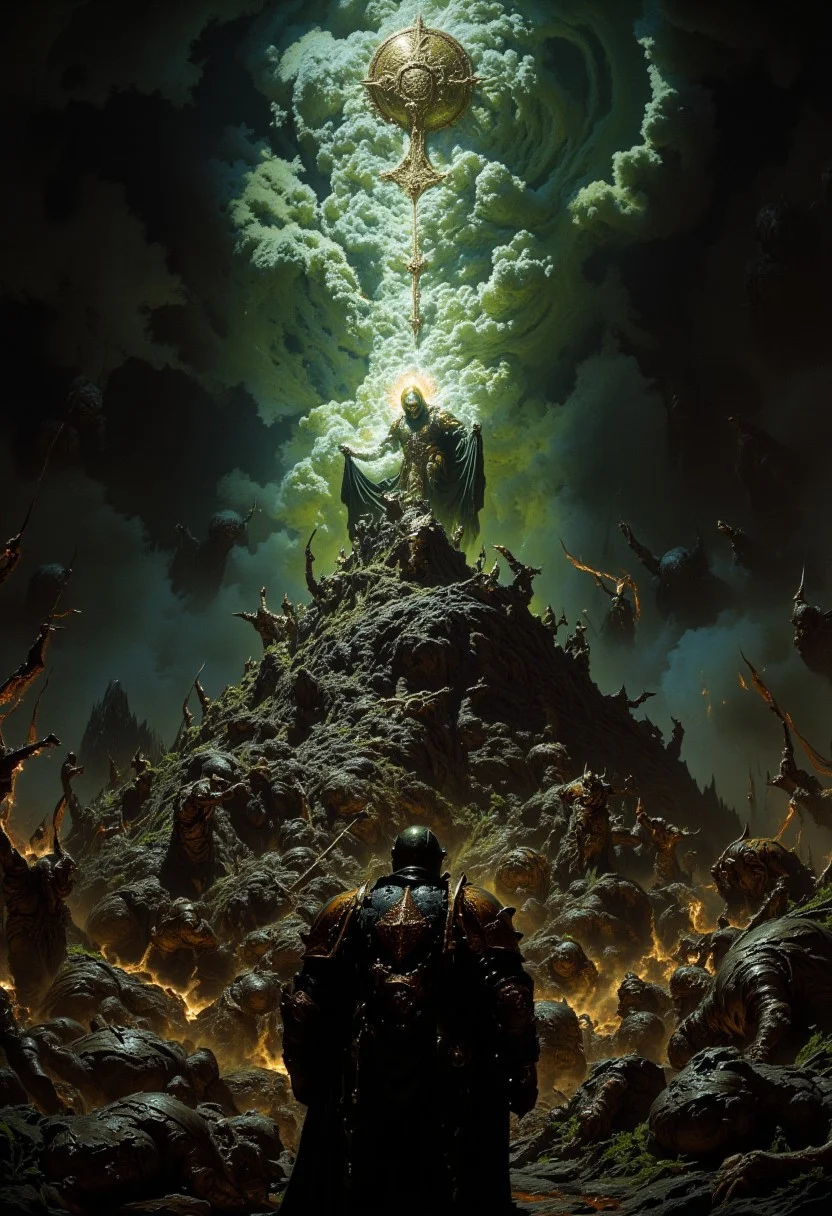 dark fantasy, The Ritual of Decay in the Garden of Nurgle,In a corrupted clearing of the Empire's Reikland forest, a Chaos Sorcerer of Nurgle performs a vile ritual atop a mound of writhing, diseased bodies. Around him, Plaguebearers dance grotesquely as a green mist spreads, causing trees to wither instantly. The sky swirls with pestilent clouds forming the symbol of Nurgle. The camera angle is an upward shot from behind a terrified Empire scout hiding in the bushes, highlighting the dark ritual and the spreading corruption.drkfnts style, FredFraiStyle, Knight, Armor, Warrior