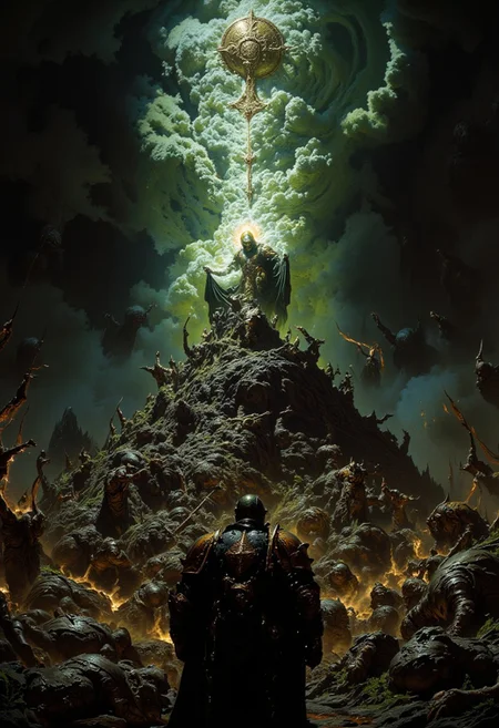 dark fantasy, The Ritual of Decay in the Garden of Nurgle,In a corrupted clearing of the Empire's Reikland forest, a Chaos Sorcerer of Nurgle performs a vile ritual atop a mound of writhing, diseased bodies. Around him, Plaguebearers dance grotesquely as a green mist spreads, causing trees to wither instantly. The sky swirls with pestilent clouds forming the symbol of Nurgle. The camera angle is an upward shot from behind a terrified Empire scout hiding in the bushes, highlighting the dark ritual and the spreading corruption.drkfnts style, FredFraiStyle, Knight, Armor, Warrior