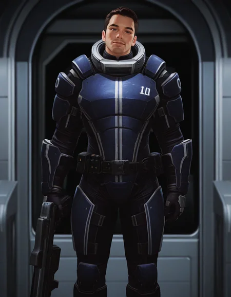 masterpiece, best quality, newest, perfect quality, best quality, detailed background, intricate details, male focus, solo, realistic, <lora:Mass Effect - Kaidan Alenko - Illustrious-000006:0.7>, mekalenko, 1boy, dark brown hair, short hair, thick stubble, brown eyes, looking at viewer, space station interior, spacesuit, gauntlets, belt, boots, head tilt towards viewer, standing, holding energy rifle