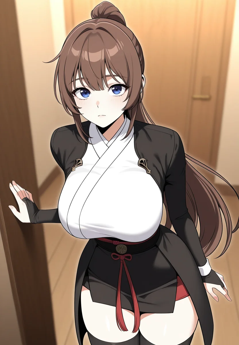 zPDXL3, score_9_up, score_8_up, score_7_up, ,Masterpiece,(perfect female body:1.2), small waist, (incredibly detailed:1.4), beautiful fingers, (large breasts:1.4) huge breasts, looking at viewer, <lora:Alicia_Arden_-_I_Killed_the_Player_of_the_Academy-Kaleid-Illustrious:1> aliciaarden, 1girl, brown hair, long hair, blue eyes, ponytail, skirt, black thighhighs, black jacket, bridal gauntlets, long sleeves, black skirt, obi, red ribbon, white kimono, japanese clothes,