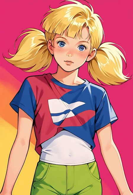 score_9, score_8_up, score_7_up, score_6_up, score_5_up, score_4_up, source_manga, 1girl, penny \(inspector gadget\), human, blonde hair, pigtails, blue eyes,
shirt, stripe, green pants,
hud_jem_boxart, colorful retro artstyle, colorful background, neon,