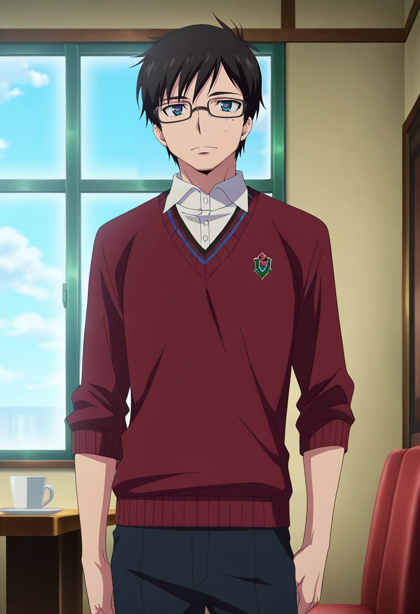 masterpiece, best quality, intricate details, anime screencap, anime coloring, official style, , 1boy, solo, male focus, <lora:yukio_okumura_ilxl:0.94>, yukio_okumura, black hair, blue eyes, mole, mole under eye, glasses, black-framed eyewear, wide angle, wide shot, cowboy shot, dining room, day, pose, heart eyes, Cropped chinos, Polo sweater vest, , ,