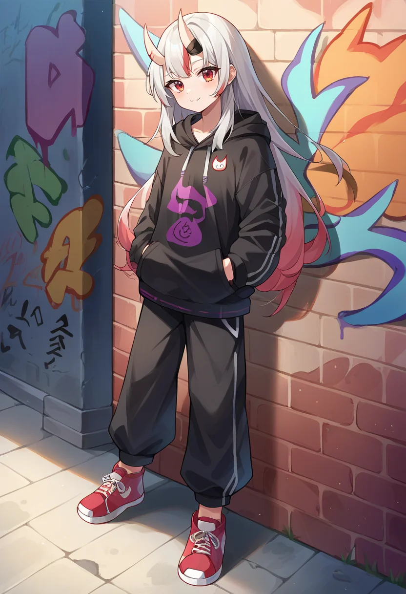 score_9, score_8_up, score_7_up, source_anime, 1girl, solo, NakiriAyame, oni horns, long hair, urban and street style, graffiti-inspired colors, cool and edgy attire, baggy pants, hoodie, stylish sneakers, fashionable accessories, hip hop jewelry, confident expression, graffiti walls, energetic and vibrant atmosphere, <lora:CHAR-NakiriAyamePonyXL:1>