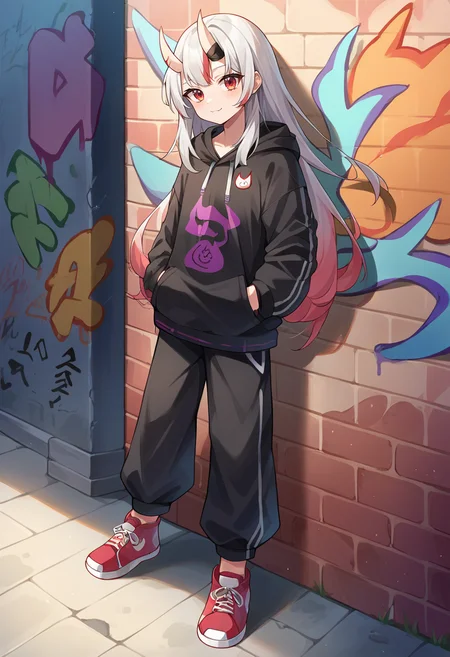 score_9, score_8_up, score_7_up, source_anime, 1girl, solo, NakiriAyame, oni horns, long hair, urban and street style, graffiti-inspired colors, cool and edgy attire, baggy pants, hoodie, stylish sneakers, fashionable accessories, hip hop jewelry, confident expression, graffiti walls, energetic and vibrant atmosphere, <lora:CHAR-NakiriAyamePonyXL:1>