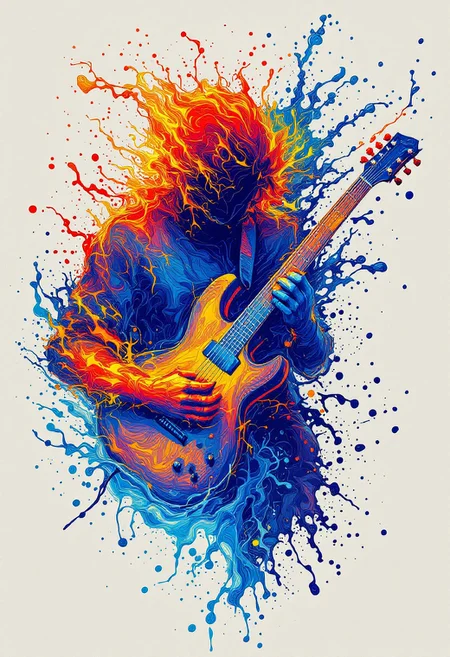 A captivating line art drawing that masterfully combines abstract expressionism with a dynamic splash of fire and water, forming the shape of a guitarist. The intricate design is executed in a sleek, modern, minimalist, and graphic style, showcasing a harmonious blend of vibrant colors that pop against the clean background. The vector graphics and poster-like illustration create a captivating piece of art, perfect for any contemporary space, and sure to make a bold statement in any setting.