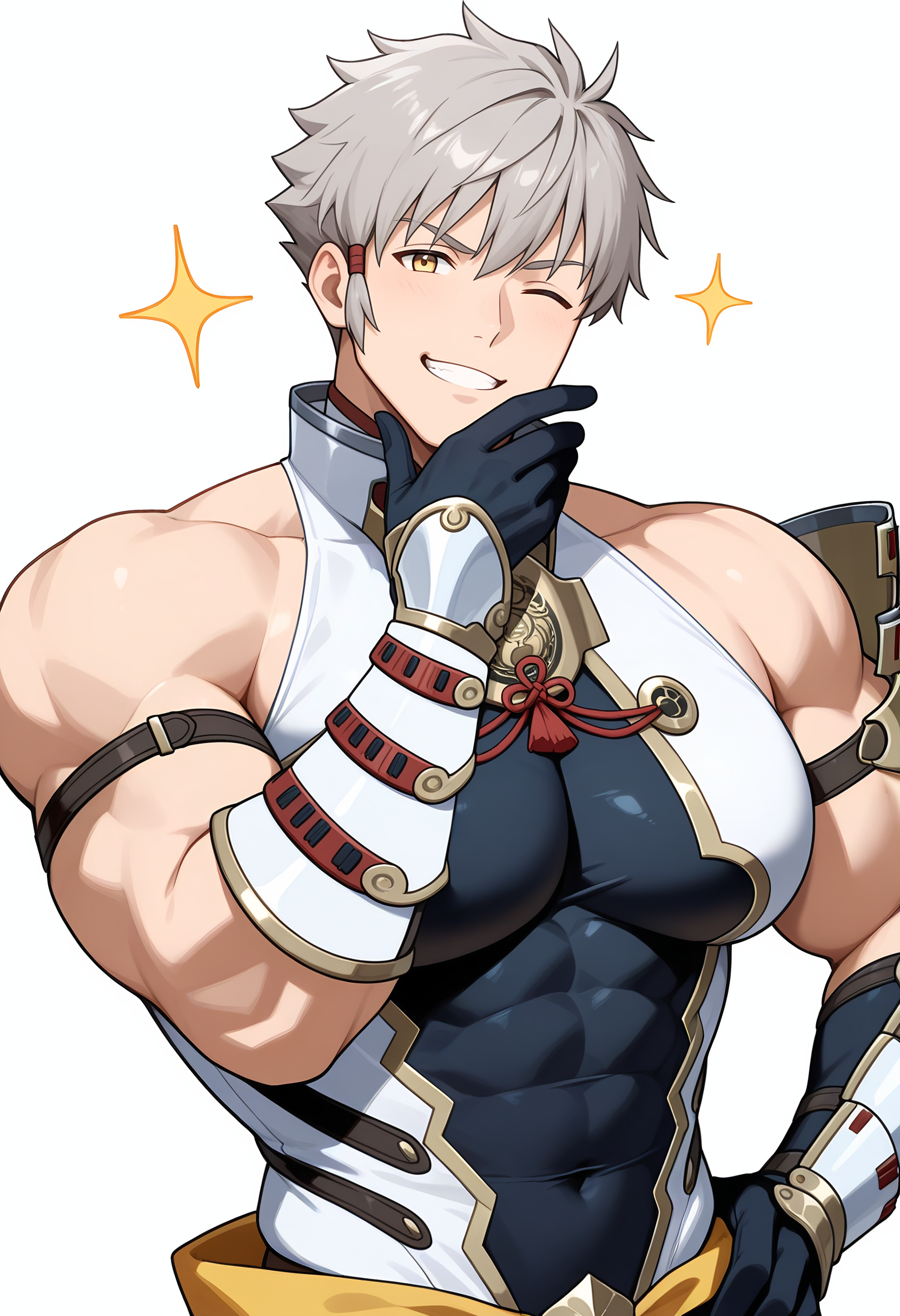 masterpiece, best quality, newest, absurdres, 1boy, male focus, solo, hand on own hip, hand on own face, looking at viewer, close-up, BREAK
<lora:Addam_Illustrious:1>, add4m_xc2, grey hair, yellow eyes, one eye closed, BREAK
muscular male, bodybuilder, large pectorals, (huge pectorals), hyper muscle, broad shoulders, hyper pectorals, small waist, BREAK
bare shoulders, armor, japanese armor, shoulder armor, pauldrons, gloves, covered navel, BREAK
grin, smug, manly, handsome, macho, hunk, masculine, sparkle, anime, BREAK
simple background, white background