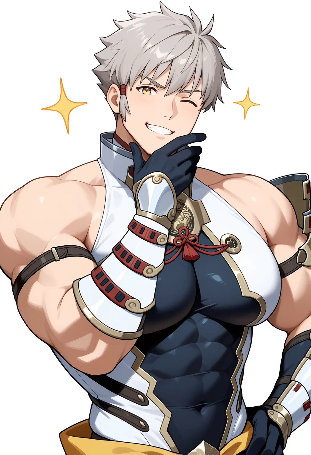 masterpiece, best quality, newest, absurdres, 1boy, male focus, solo, hand on own hip, hand on own face, looking at viewer, close-up, BREAK
<lora:Addam_Illustrious:1>, add4m_xc2, grey hair, yellow eyes, one eye closed, BREAK
muscular male, bodybuilder, large pectorals, (huge pectorals), hyper muscle, broad shoulders, hyper pectorals, small waist, BREAK
bare shoulders, armor, japanese armor, shoulder armor, pauldrons, gloves, covered navel, BREAK
grin, smug, manly, handsome, macho, hunk, masculine, sparkle, anime, BREAK
simple background, white background