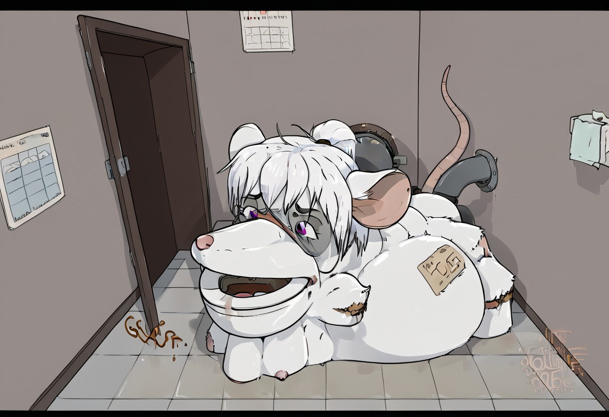 Toilet tf,  female, furry mouse, Pipe in ass, white hair, ponytail hairstyle