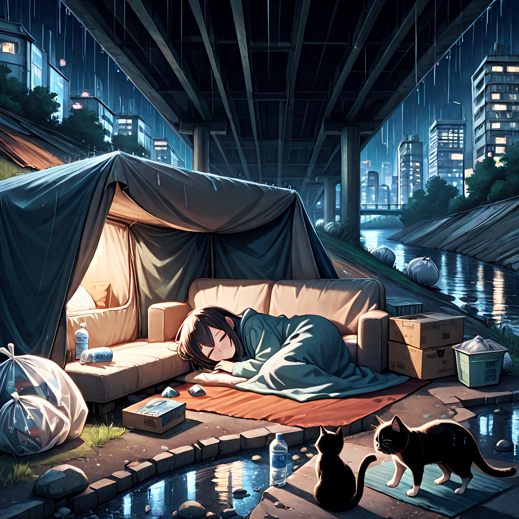 absurdres, explicit, shack under bridge, deep shadow, lying on sofa, sleeping, 1girl, light frown, blanket, covering with blanket, cat, box, fog, city, tree, rock, weeds, ruins, river, water, building, scenery, outdoors, trash bag, water bottle, awning, tent interior, night, night sky, city lights, rain, raining, water drop, <lora:girlhateshackunderbridge_ilxl:1>