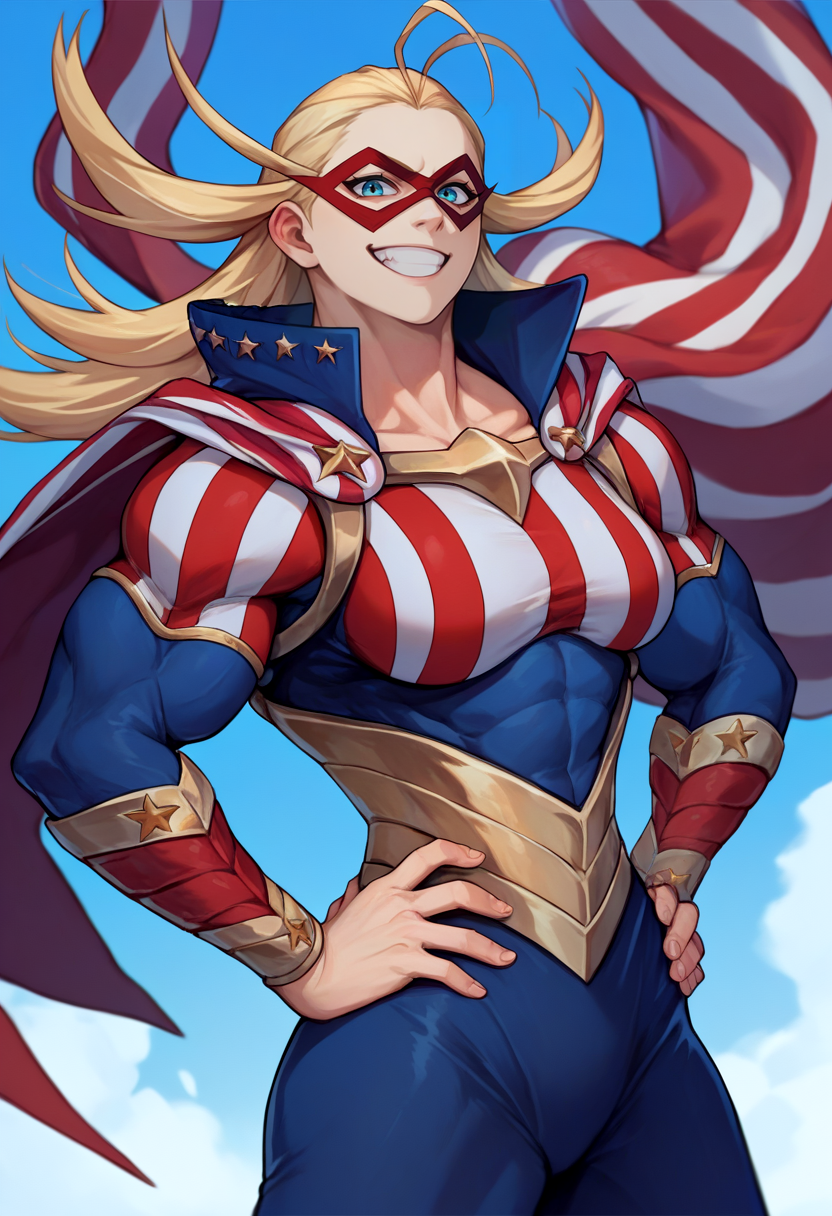 score_9, score_8_up, score_7_up, source_anime, solo, 1girl, starandstripe, grin, looking at viewer, hands on hips, muscular, antenna hair, domino mask, american flag print, striped bodysuit, red cape, blue sky <lora:mha_starandstripe_ponyXL:1>
