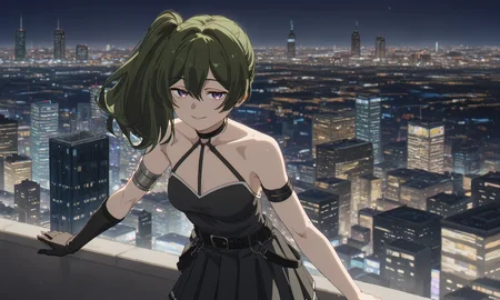 (score_9, score_8_up, score_7_up)
BREAK
ubel_olis, 1girl, solo, side ponytail, medium hair, green hair, purple eyes, o-ring choker, halterneck, black dress, small breasts, armlet, arm strap, single elbow glove, black belt, pleated skirt, suspenders hanging, thigh strap
BREAK
looking at viewer, smile
BREAK
city, cityscape, building, city lights, skyline, night, outdoors
<lora:Ubel_SousouNoFrieren_v1:1>