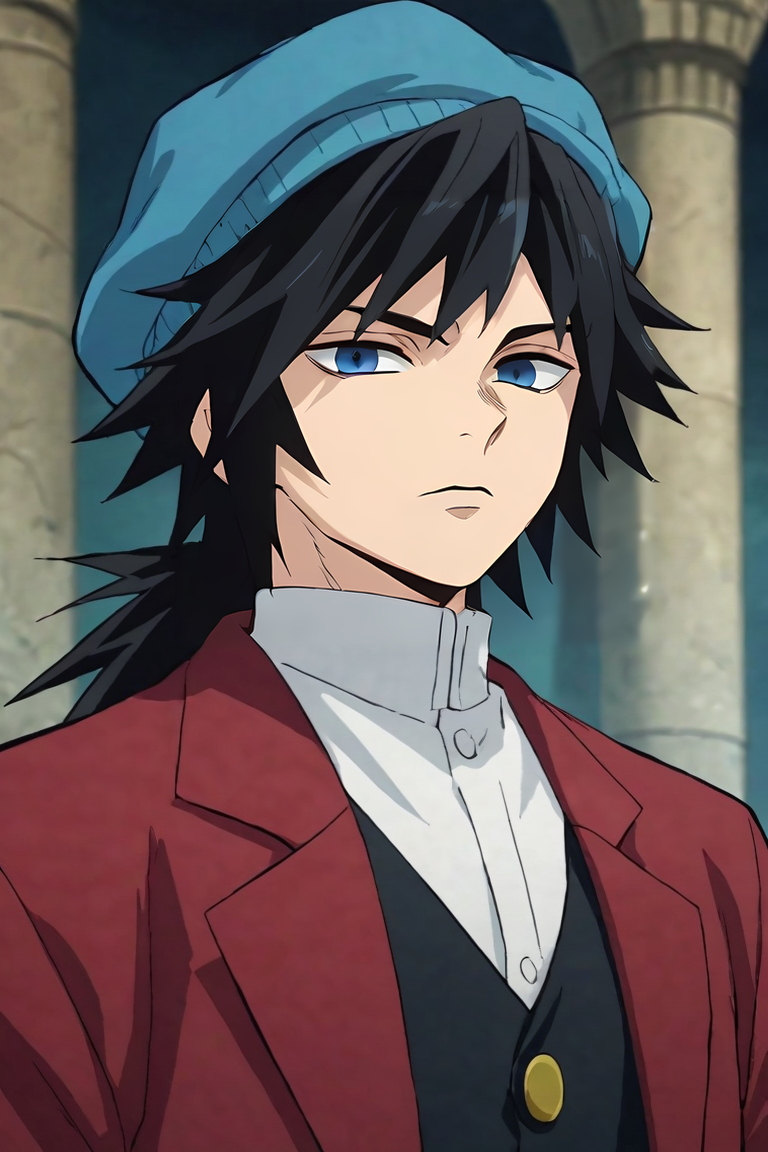 score_9, score_8_up, score_7_up, score_6_up, score_5_up, score_4_up, BREAK source_anime, anime screencap, , official style, looking at viewer, upper body, , 1boy, solo, male focus, <lora:giyuu_tomioka_pony:0.74>, giyuu_tomioka, black hair, blue eyes, bangs, long hair, suit, bobble hat, The Castle of Shadows, , <lora:sdxl_lightning_8step_lora:1>