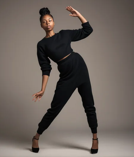 full length scandinavian black young woman in strange pose. best face, best hands, <lora:strange_poses:1.2>