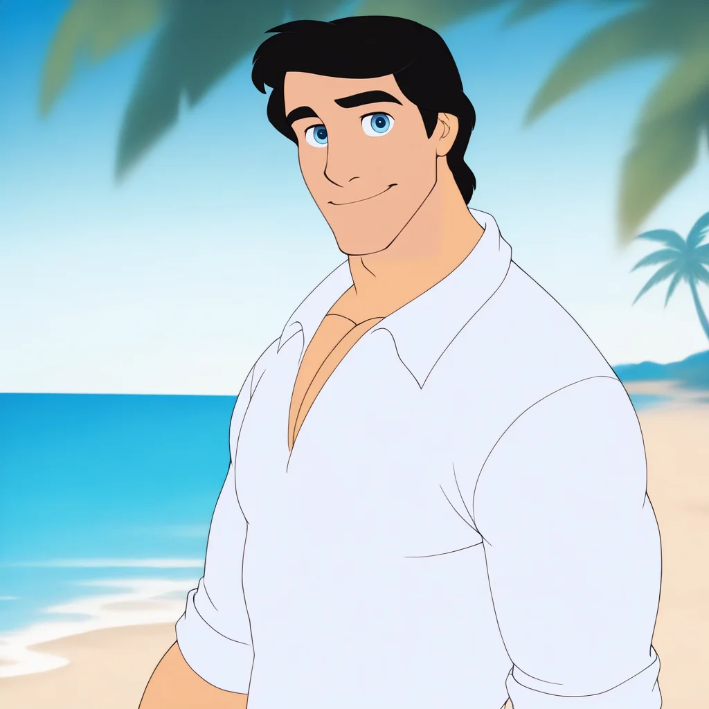 pr1nc3r14, black hair, blue eyes, 1boy, male focus, bara, solo, close up, upper body, standing, outdoors, ocean, beach, sand, palm trees, day, sky, dynamic light, sunlight, shinky skin, white shirt, looking at viewer, light smile, tilt head,   <lora:Prince_Eric:1>