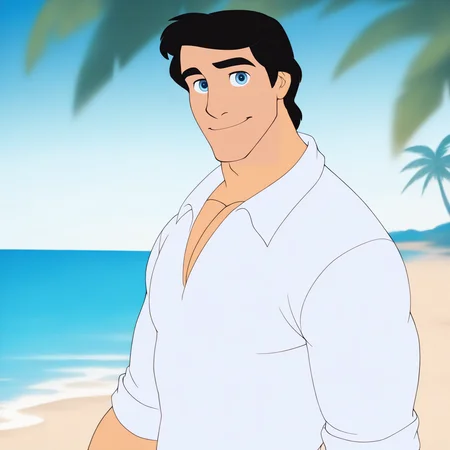 pr1nc3r14, black hair, blue eyes, 1boy, male focus, bara, solo, close up, upper body, standing, outdoors, ocean, beach, sand, palm trees, day, sky, dynamic light, sunlight, shinky skin, white shirt, looking at viewer, light smile, tilt head,   <lora:Prince_Eric:1>