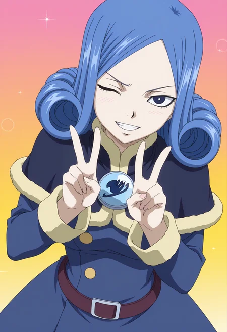 masterpiece, best quality, amazing quality, anime coloring, anime screencap, 1girl, <lora:DX888JuviaIL:1>juvia lockser, blue hair, curly hair, blue eyes, blue dress, belt, capelet, fur trim, brooch,, grin, one eye closed, BREAK v, v pose, dynamic pose, from above, colorful background gradient background,