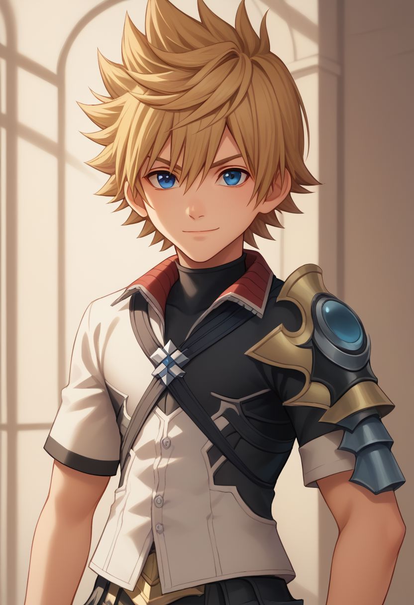 score_9, score_8_up, source_anime, highly detailed, 1boy, solo, male_focus, slender, skinny,
ventus, solo, 1boy, blue eyes, male focus, spiked hair, upper body, armor,
looking at viewer, closed mouth, shoulder armor, hair between eyes, blonde hair,
short hair, hand on hips, smile
outdoor