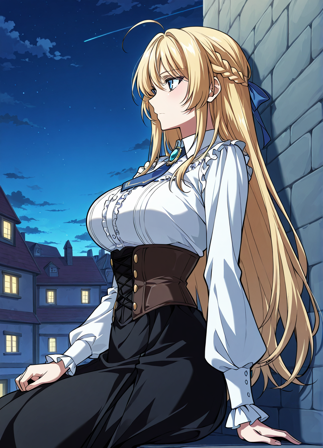 <lora:Kiri_Frodmain Illustrious:1>
1 girl, solo, blue eyes, blonde hair, long hair, loose hair, french braid, bangs, large breasts
black skirt, white shirt, ahoge, blue ribbon, long sleeves, hair ribbon, brooch, jewelry, corset, high-waist skirt, blue necktie, collared shirt, frills
score_9, score_8_up, score_7_up, score_6_up, source_anime, masterpiece, best quality, absurdres, highres, newest, anime coloring <break>  1girl, solo, sitting, on wall, from side, town, night sky, cloud