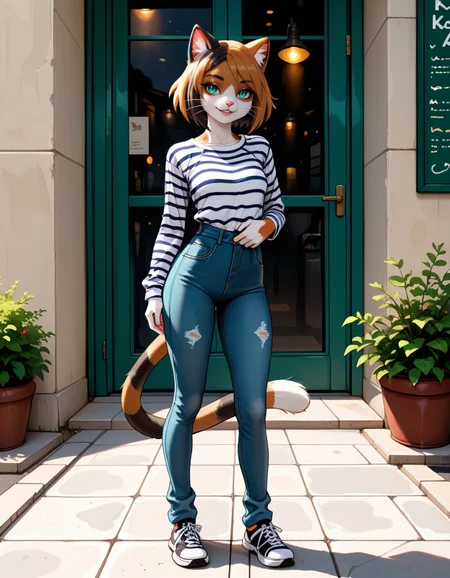 masterpiece, best quality, very aesthetic, absurdres,
outdoors, casual, 
full body, standing, posing, 
seductive smile, parted lips, long eyelashes,
 <lora:Kawa_v01_NAIXL:1>
K4w4,1girl,solo,furry,furry female,cat girl,short hair,multicolored hair,cat ears,aqua eyes,slit pupils,snout,animal nose,whiskers,body fur,two-tone fur,cat tail,striped tail,