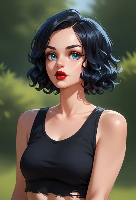 score_9, score_8_up, score_7_up, score_9, score_8_up, score_7_up, casual game art style, casual game art, mobile game art, merge 3 game art, character design, casemrart, victit, 1girl, pale skin, solo, black hair, wavy hair, short hair, blue eyes, long eyelashes, puffy lips, dark red lipstick, (septum piercing), torn top tank, black top tank, upper body, looking to the side, foreshortening, depth of field